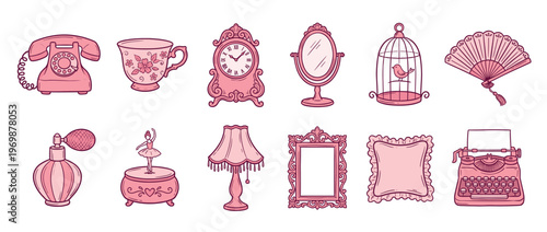 Collection of charming pink vintage objects and retro feminine items, hand-drawn in a doodle style, perfect for nostalgic designs.