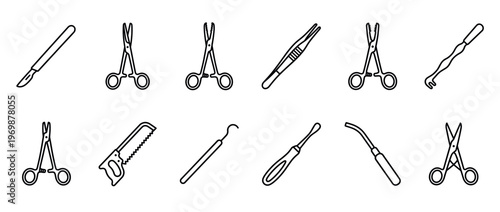 Surgical instruments vector icon set featuring various medical tools like scalpels, forceps, saws, and retractors for healthcare design.