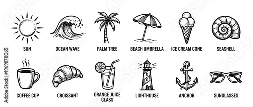 Hand-drawn summer travel and vacation icons collection featuring beach elements, food, and nautical symbols in a doodle sketch style.