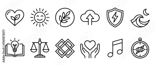 Collection of diverse line art concept icons representing various themes like nature, technology, justice, and creativity for web and print design.