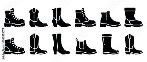 Various boot icons and silhouettes representing different footwear styles in a modern graphic design.