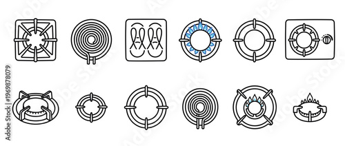 Collection of kitchen stove burner and cooktop icons showing different types of cooking surfaces and heating elements.
