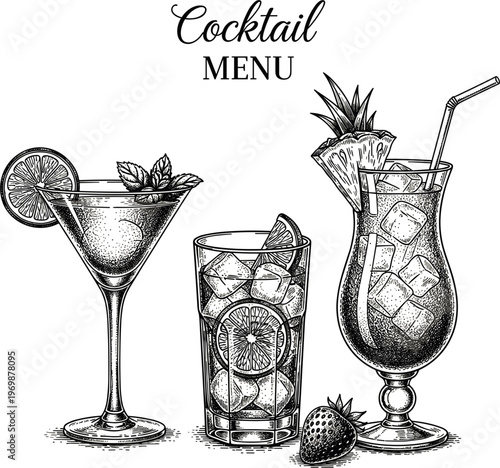 Hand-Drawn Cocktail Menu Vector Set with Martini, Mojito, and Piña Colada for Bar, Beverage, and Party Design Projects