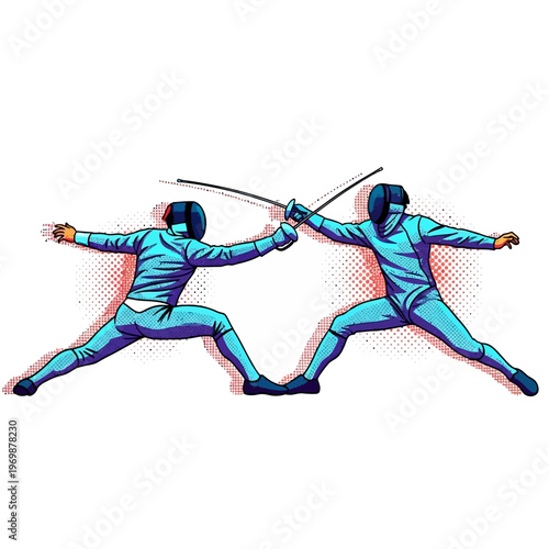 Two Fencers in Blue Uniforms Battling with Swords, Dynamic Action Pose
