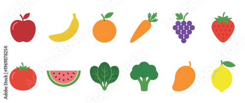 Colorful fruits and vegetables icon set featuring a variety of healthy produce for nutrition and diet concepts.