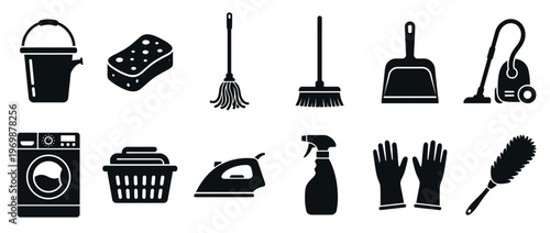 Cleaning tools and laundry equipment icons set, including bucket, sponge, mop, broom, vacuum, washing machine, and iron, representing household chores and hygiene.