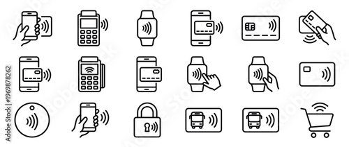 Contactless payment icons set illustrating various methods of modern digital transactions using smartphones, smartwatches, and credit cards.