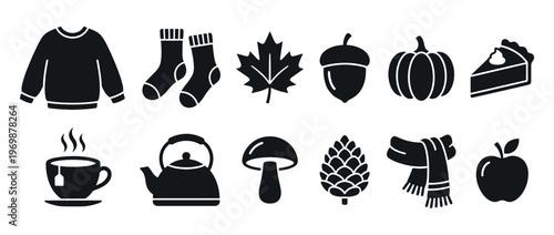 Autumn season icons set with cozy clothing, harvest food, and nature elements like leaves, acorns, and pine cones, representing fall comfort.