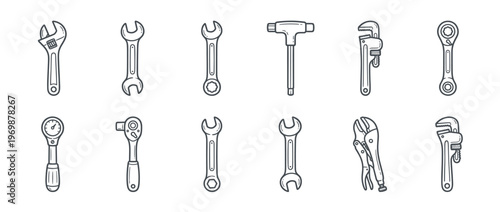 Collection of various hand tools including wrenches, ratchets, and pliers in a clean outline style.