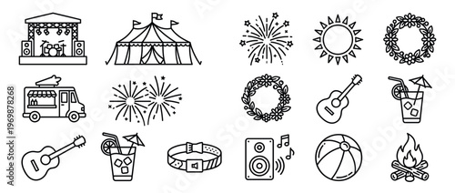 Festival and summer outdoor event line art icons set featuring music stage, food truck, tent, fireworks, and campfire.
