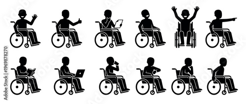 People in wheelchairs performing various daily activities and showing different emotions, representing accessibility and inclusion.