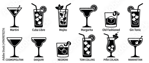 Cocktail drink icons collection featuring popular alcoholic beverages like martini, mojito, margarita, and gin tonic for bar menus and party themes.