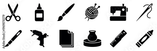 Craft tools and hobby supplies icon set featuring various creative items for art, sewing, and DIY projects.