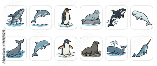 Cute cartoon marine animals collection featuring whales, dolphins, penguins, seals, orcas, belugas, and narwhals in a playful illustration style.