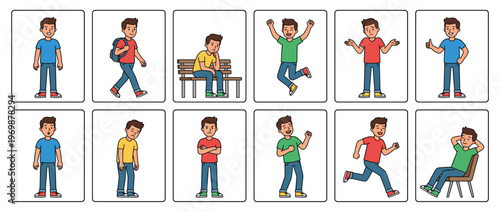 Young man cartoon character showing various emotions and actions like happiness, sadness, anger, surprise, and relaxation in a diverse set of poses.