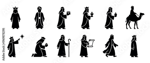 Three Wise Men silhouettes in various poses, carrying gifts and following the star, representing the Epiphany story.