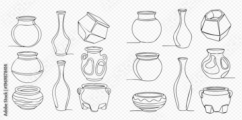 Continuous line drawing of various ceramic pots and vases, minimalist design elements for home decor.