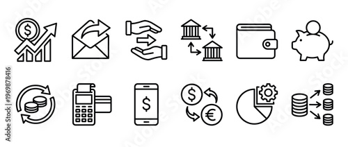 Financial and business line icons set illustrating various concepts like money growth, transactions, savings, and digital payments.
