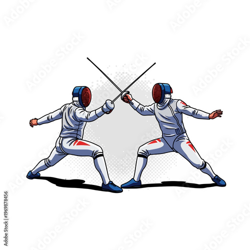 Two Fencers in Combat, Crossed Swords, Sport Competition, Dynamic Action, White Background