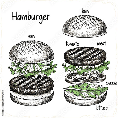 Hand-Drawn Hamburger Vector Illustration Set with Layers Including Bun, Meat, Lettuce, Tomato, and Cheese for Food, Culinary, and Restaurant Design Projects