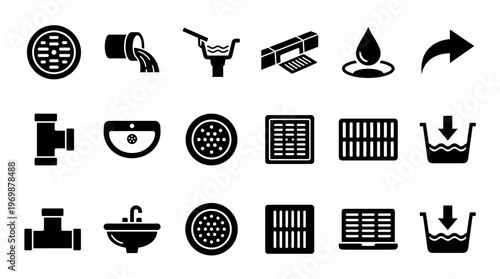 Plumbing and drainage system icons collection illustrating various elements like pipes, grates, sinks, and water flow in a clean, modern style.