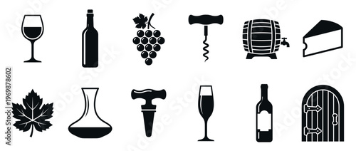 Collection of wine icons featuring grapes, bottles, glasses, barrels, corkscrews, cheese, and other related elements for beverage and vineyard themes.