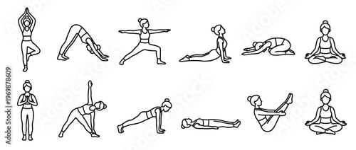 Yoga poses woman exercising in various positions for health and wellness, demonstrating different asanas for physical and mental well-being