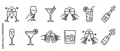 Alcoholic drinks and beverage icons set featuring various cocktails, wine, champagne, and beer for celebration and party designs.