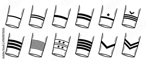 Military rank insignia collection featuring various stripes, stars, and chevron patterns representing different levels of command and achievement in a hand-drawn doodle style.