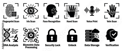 Biometric security and data processing icons illustrating various identification methods, digital verification, and secure access technologies.