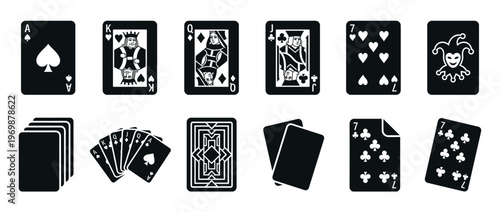 Playing cards icon set featuring various card faces, suits, and card backs for casino games and gambling concepts.