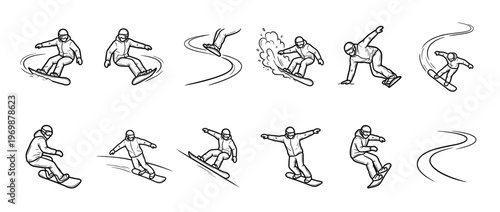 Snowboarders snowboarding winter sport activity collection in various dynamic poses and actions, illustrating movements and turns on snow.