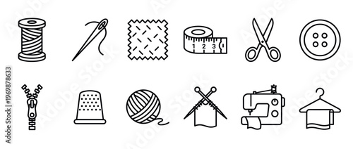 Sewing and knitting tools outline icons set featuring various craft supplies like thread, needles, scissors, and a sewing machine for textile projects.
