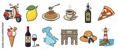 Italian symbols and food collection featuring scooter, pasta, pizza, wine, coffee, and other cultural elements in a colorful cartoon style.