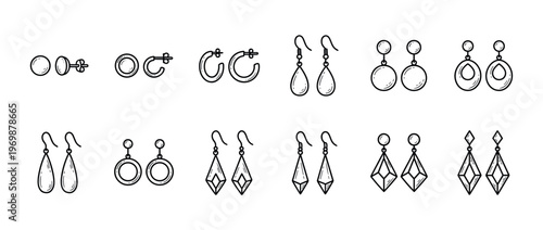 Earrings types collection line art featuring various styles like studs, hoops, and dangle designs, perfect for jewelry and fashion concepts.