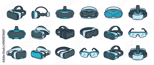 Set of virtual reality headsets and augmented reality glasses illustrations depicting modern technology for digital interaction and immersive experiences.