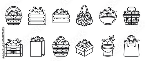 Collection of fresh fruits in various containers, including baskets, crates, bags, and bowls, depicted as outline icons.