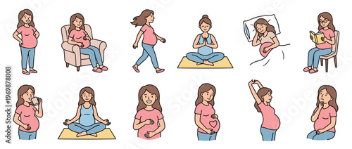 Pregnant woman performing various daily activities and wellness routines, illustrating the journey of maternity and self-care.