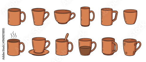 Collection of hand-drawn clay mugs and terracotta cups in various shapes and sizes, perfect for beverages and kitchen themes.