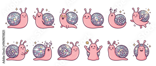 Cute pink snails with shiny disco ball shells in a variety of happy and playful poses, perfect for fun designs.