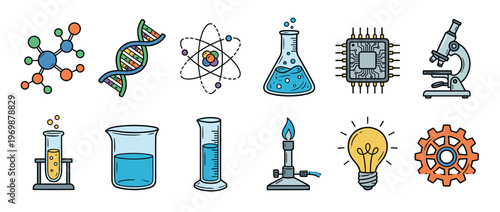 Science icons and symbols representing various fields of research, education, and technological innovation in a colorful collection.
