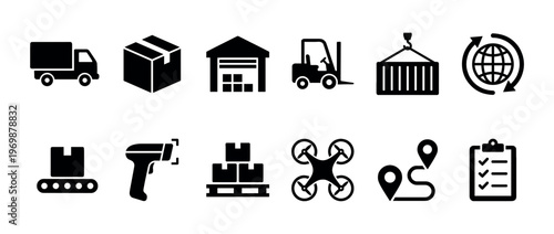 Logistics and delivery icons set featuring various elements of shipping, transportation, and supply chain management processes.