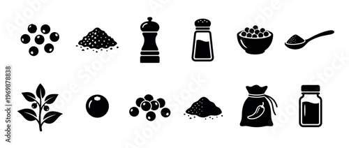 Pepper spice seasoning chili icons set featuring various forms of whole and ground spices, grinders, shakers, and plants.