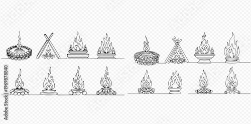 Set of hand-drawn campfires, bonfires, and burning wood in various shapes and styles, perfect for outdoor and adventure designs.