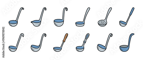 Ladles kitchen utensils cooking tools set of various hand-drawn doodle style kitchenware for serving and preparing food.