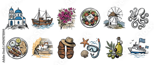 Hand-drawn collection of Greek cultural symbols, traditional food, architecture, and Mediterranean vacation items for travel.