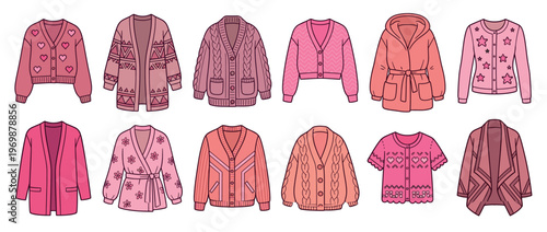 Collection of pink cardigans and sweaters in various styles and patterns, showcasing cozy fashion apparel.