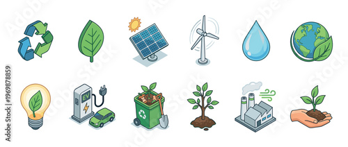 Ecology sustainability green energy icons set featuring renewable power, recycling, nature, and environmental conservation concepts.