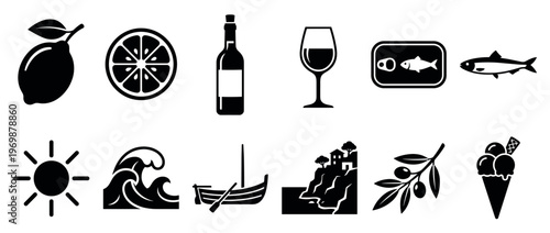 Mediterranean food, travel, and summer icons collection featuring lemons, wine, fish, sun, waves, boat, village, olives, and ice cream.