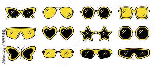 Collection of various cartoon sunglasses designs featuring different shapes and styles, perfect for summer fashion and eye protection.